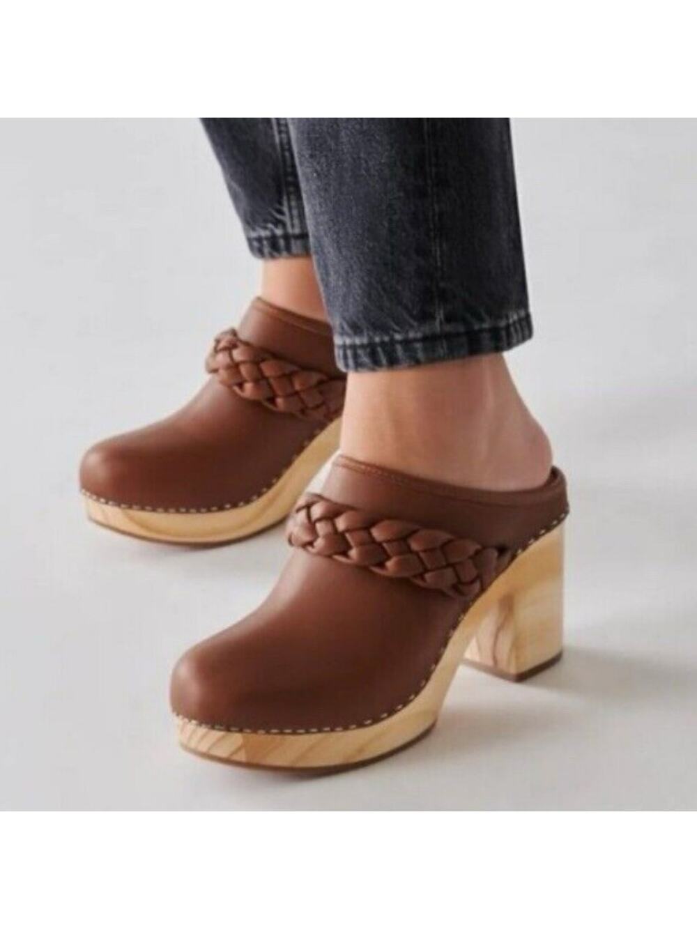 Dolce Vita Hila Leather Platform Clogs Women’s 9 Brown Wooden Block Heel NEW